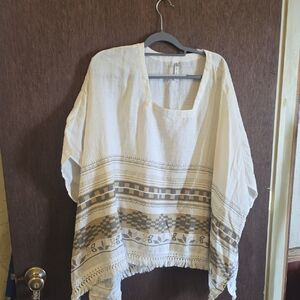 Calvin Klein Cream & Taupe Embroidered Fringe Tunic
